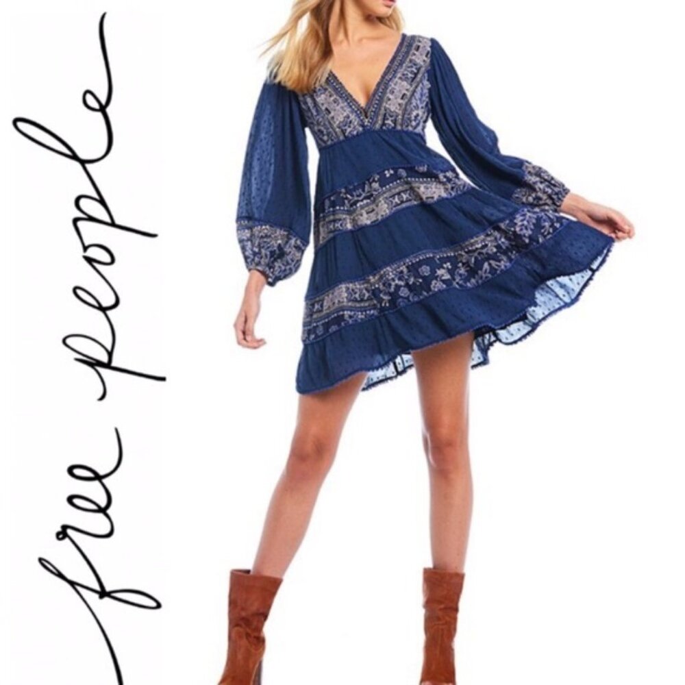Boho-Style Deep Blue V-Neck Tiered Mini Dress - Picture 16 of 16